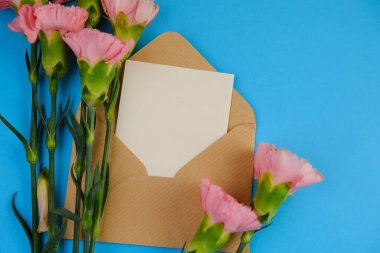 Üzerinde pembe gül tomurcukları olan üst görüntü, gypthe, huzurlu bir pastel arka planda mesaj, aşk ve romantik konsept için metin alanı ile birlikte.