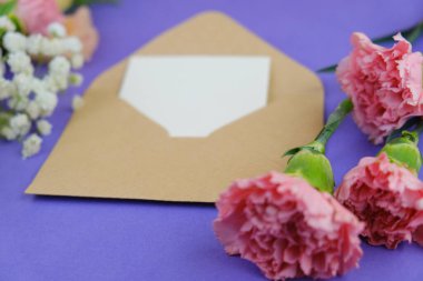 Üzerinde pembe gül tomurcukları olan üst görüntü, gypthe, huzurlu bir pastel arka planda mesaj, aşk ve romantik konsept için metin alanı ile birlikte.