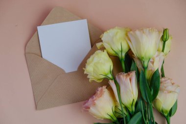 Üzerinde pembe gül tomurcukları olan üst görüntü, gypthe, huzurlu bir pastel arka planda mesaj, aşk ve romantik konsept için metin alanı ile birlikte.