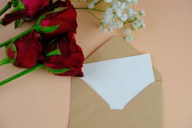 Sade arka planda güzel kırmızı güller, üst manzara. Metin için boşluk