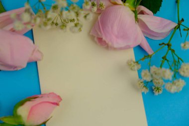 Sade bir arkaplana yerleştirilmiş şablon çiçekleri. Mesaj alanı ve sevgililer günü için bir model. Beyaz kağıt davetiye kartı. Zarf ve çiçeklerle maket. Kopya alanı ile maket.