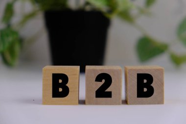 Kısaltma adı B2B-İş 'ten İş' e. B2B metni ile el ele tutuşan tahta küp bloğu. İş Konsepti resmi.