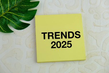 Piyasa tahminlerine göre sarı not defterine TRENDS 2025 kelimesi arka planda. 2025 yılına ait beklentiler. Beyaz arkaplanda bir izin. 