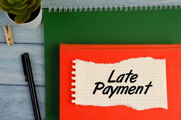 Geç ödeme mesajı. Kalemin yanı sıra geç ödeme kavramı. Mavi arka plan. İş ve gecikmiş ödeme konsepti. Boşluğu kopyala 