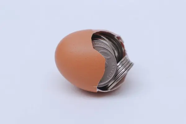 Kırık yumurta beyaz arka planda izole edilmiş bir sürü bozuk para içerir..