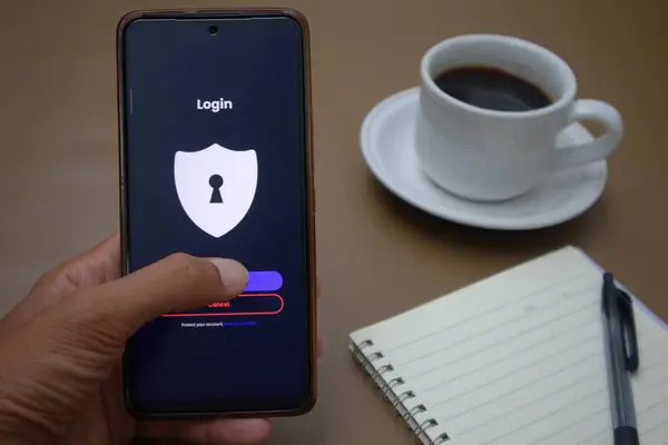 Giriş ekranı görüntülü akıllı telefon. Kahverengi masada bir fincan kahve ve bir defter var.