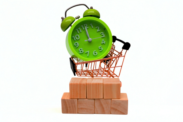 Alışveriş arabası, alarm saati ve beyaz arka planda tahta bloklar.