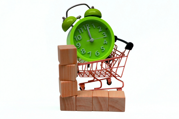 Alışveriş arabası, alarm saati ve beyaz arka planda tahta bloklar.