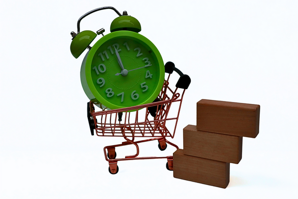 Alışveriş arabası, alarm saati ve beyaz arka planda tahta bloklar.