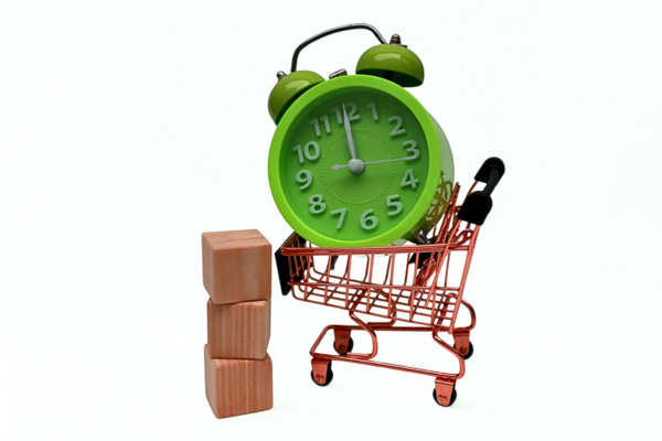 Alışveriş arabası, alarm saati ve beyaz arka planda tahta bloklar.