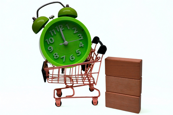 Alışveriş arabası, alarm saati ve beyaz arka planda tahta bloklar.