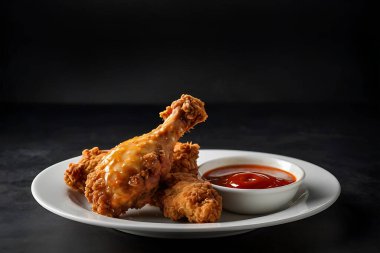 Kızarmış tavuk, arka plandaki ahşap bir masada beyaz bir tabakta güzelce sıralanmış..