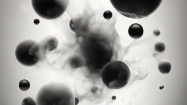 Yumuşak beyaz-gri gradyan üzerinde dumanlı gri dokularla çevrili siyah yüzen kürelerin yer aldığı minimalist bir soyut arkaplan