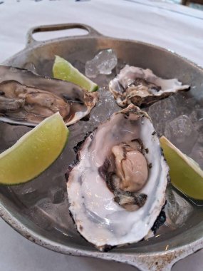 Buz ve limonla servis edilen lezzetli taze istiridyeler.