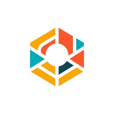 Turuncu, yeşil, sarı ve koyu mavi renkli soyut şekilli altıgen içeren canlı bir geometrik vektör logosu. Modern markalaşma, teknoloji şirketleri ya da yaratıcı ajanslar için ideal..