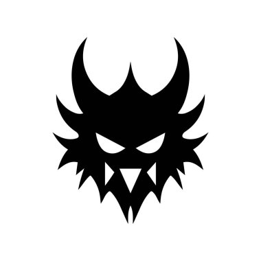 Keskin hatları ve yoğun bir ifadeyle vahşi, boynuzlu bir canavarın siyah silueti. Logolar, dövmeler ve grafik tasarımlar için ideal.