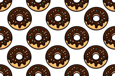 Beyaz arka planda serpiştirilmiş çikolatalı donutların kusursuz vektör deseni