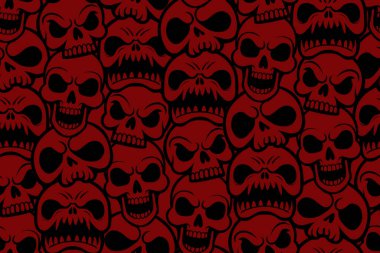 Kan kırmızısı arka planda çılgın korkutucu kafatasları içeren kusursuz bir vektör deseni. Yoğun ve karanlık temalar için harika..