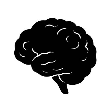 Temiz beyaz arkaplan üzerine beyaz detayları olan basit bir siyah beyin siluet vektör simgesi, bilim veya tıbbi temalar için mükemmel.