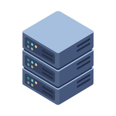 Mavi tonlarda modern izometrik sunucu simgesi, teknoloji, veri merkezi veya ağla ilgili içerik için basit ve temiz vektör tasarımı.