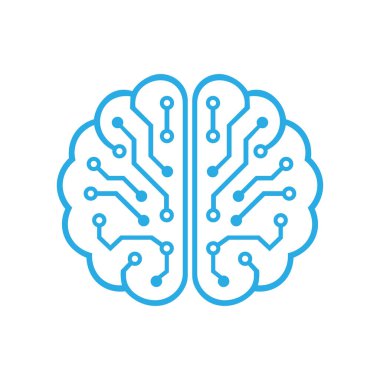 Minimalist mavi beyin devre vektör simgesi, yapay zekayı ve dijital teknolojiyi sembolize ediyor.