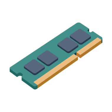 Beyaz zemin üzerinde altın konnektörleri bulunan bir RAM (Rasgele Erişim Belleği) modülünün Isometric vektör çizimi, teknoloji ve elektronik aygıt kavramları için uygundur.
