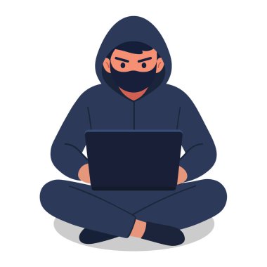 Kapüşonlu ve maskeli, dizüstü bilgisayarla bağdaş kurmuş bir bilgisayar korsanı çizimi. Siber güvenlik, hackleme, sahtekarlık, kötü amaçlı yazılım ya da dijital suç kavramları için idealdir. Beyaz arkaplanda minimalist stil.