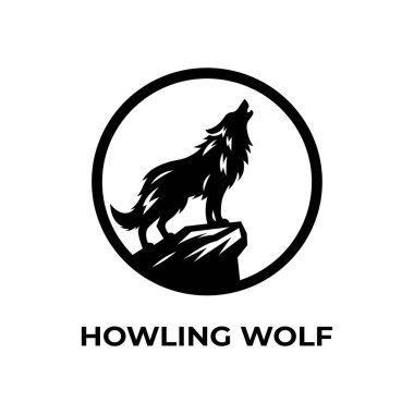 Güçlü ve temiz bir siyah-beyaz vektör logosu. İçinde bir dairenin içinde, bir kayanın üzerinde uluyan bir kurt var. Markalaşma, takım logoları veya açık hava grafiklerinde kullanım için ideal