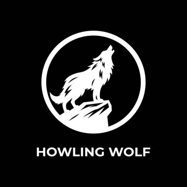 Kaya üzerinde uluyan bir kurdun cesur beyaz vektör silueti, temiz dairesel bir çerçevede, koyu siyah bir arkaplan üzerine kurulmuş. Markalaşma, açık hava macera logoları ya da güçlü amblem tarzı grafikler için mükemmel..