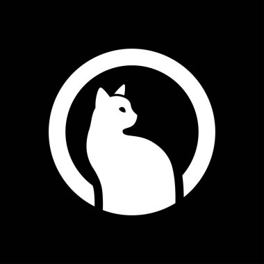 Minimalist siyah ve beyaz kedi logosu daire şeklinde, hayvan markalaşması, kimlik ve modern hayvan temalı tasarımlar için mükemmel..
