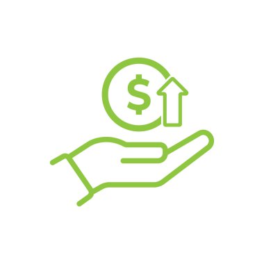 1 dolarlık bozuk parayı yukarı doğru ok ile tutan bir elin yeşil çizgi simgesi, karı, mali desteği, yatırım büyümesini veya ekonomik başarıyı temsil ediyor.