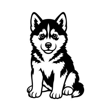 Oturma pozisyonu almış iri yapılı bir köpek yavrusunun siyah beyaz çizimi. Minimalist logo, maskot tasarımı, hayvan markalaşması ya da tişört grafiği kadar mükemmel. Eğilimsiz, temiz ve kalın çizgiler..