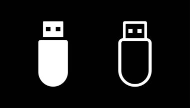 Siyah arkaplan üzerinde katı ve özet biçiminde beyaz USB flash disk simgeleri, teknoloji veya UI tasarımı için minimalist vektör.