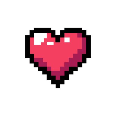 Klasik 8-bit tarzında kırmızı piksel kalp, oyunlar için ideal, retro tasarımlar, çıkartmalar, emojiler ve eğlenceli dijital sanat öğeleri