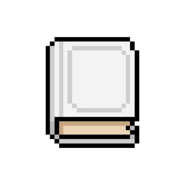 8- bit retro tarzı beyaz bir kitabın minimalist pikselci sanat simgesi. Eğitim uygulamaları, oyun kaynakları veya nostaljik UI tasarımları için ideal