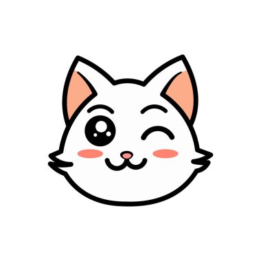 Çekici ve sevimli beyaz bir kedi yüzü çizimi. Bir gözü neşeyle kırpıyor. Duygu, çocuk tasarımı ya da avatarlar için mükemmel.