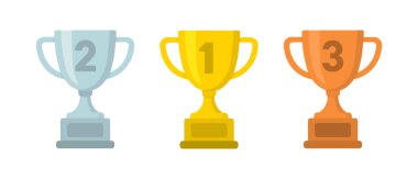 Üç düz dizayn vektör ödülünden oluşan bir set: birinci için altın, ikinci için gümüş ve üçüncü için bronz. Ödüller, rekabet veya başarı temaları için mükemmel.