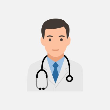 Beyaz önlük ve steteskop giyen dost canlısı bir erkek doktor çizimi. Tıbbi web siteleri, uygulamalar veya eğitim materyalleri için ideal.