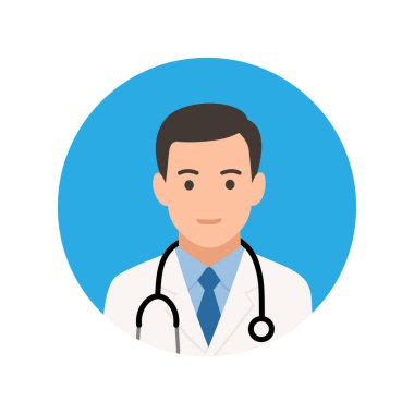 Steteskopu düz dizaynlı bir erkek doktor avatarı, sağlık hizmetleri, tıbbi uygulamalar ya da profesyonel profiller için mükemmel..