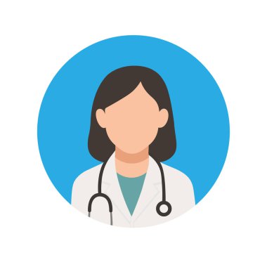 Düz dizayn dairesel çerçevede steteskobu olan yüzü olmayan bir kadın doktor avatarı, sağlık hizmetleri, tıbbi uygulamalar veya anonim profiller için ideal.