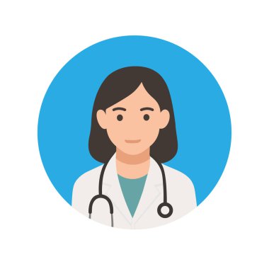 Düz dizayn dairesel çerçeveli steteskobu olan dost canlısı bir kadın doktor avatarı. Sağlık hizmetleri, tıbbi uygulamalar veya profesyonel profiller için mükemmel..