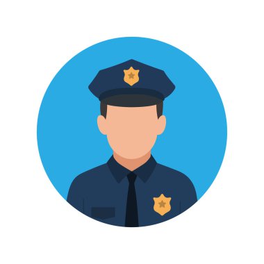 Mavi dairesel çerçevede düz dizayn edilmiş yüzsüz erkek polis memuru avatarı. Güvenlik, kamu hizmeti veya isimsiz profiller için ideal.