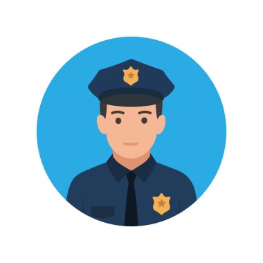 Dost canlısı bir erkek polis memuru, dairesel mavi çerçeveli düz bir tasarım içinde. Güvenlik, kamu hizmeti veya profesyonel profiller için ideal.