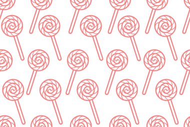 Beyaz arka planda yumuşak pembe çizgili lolipopları olan hoş, pürüzsüz bir desen. Tatlı temalar, partiler ve eğlenceli tasarımlar için ideal.