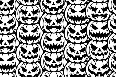 Değişik siyah beyaz yüzlü korkunç balkabağı fenerleri kusursuz bir Cadılar Bayramı deseni oluşturur. Gotik tasarımlar için mükemmel..