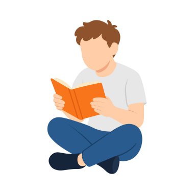 Turuncu kitap okuyan yüzü olmayan bir gencin vektör çizimi. Bacak bacak üstüne atmış, kot pantolon ve beyaz bir tişört giyiyor ve okumaya odaklanıyor..