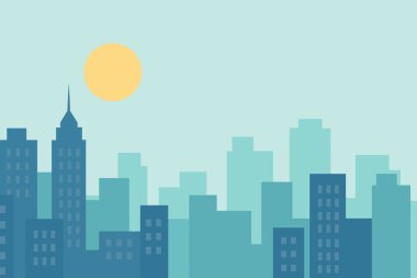 Sarı güneş ve açık mavi gökyüzü olan bir şehir siluetinin minimalist düz tasarım çizimi. Geçmişler, web siteleri ya da neşeli şehir temaları için mükemmel.