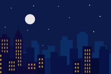 Minimalist düz tasarım tasarımı. Gece yarısı gökyüzünde dolunay ve yıldızlarla birlikte şehir silueti. Arka planlar, web siteleri veya gece şehir temaları için mükemmel.