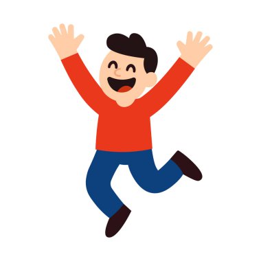 Neşeli çizgi film çocuğu heyecandan zıplıyor. Neşe, başarı ve enerjik gençlik eğlencesi kavramları için mükemmel. Canlı vektör illüstrasyonu.