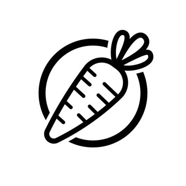 Bir dairenin içindeki havucun minimalist siyah ana hatlı simgesi sağlıklı beslenme, veganizm ve taze üretimi temsil eder..